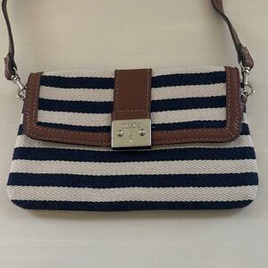 Chaps Crossbody Handbag Striped Blue Ivory With Brown Trim Nautical Fisherman